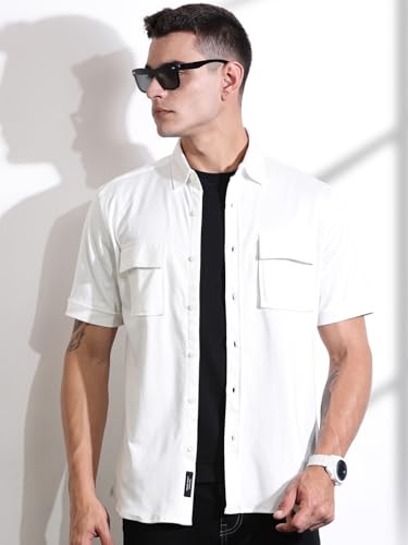 Image of Thomas Scott Men's | Solid | Half Sleeve | Slim Fit | Cotton Blend | Double Flap Pocket | Spread Collar | Casual Shirt