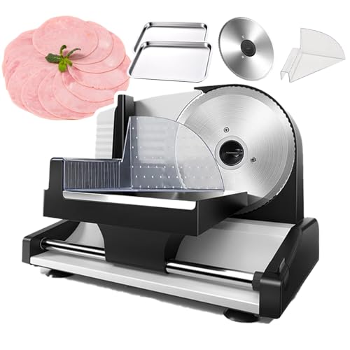 pedenencelia Cortadora Alimentos Eléctrica para Fiambres/Cortadora Carne,con Cuchilla Acero Inoxidable Extraíble 19 Cm Y 2 Bandejas Y Empujador Alimentos,Grosor Ajustable,Cortadora Pan