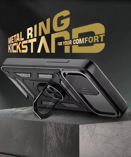 Image of WOW IMAGINE Tough Armor Bumper Mobile Back Case for iPhone 14 | Sliding Camera Shield Cover | Shock Proof 360 Protection | Hybrid PC + TPU | Ring Holder with Kickstand - Black