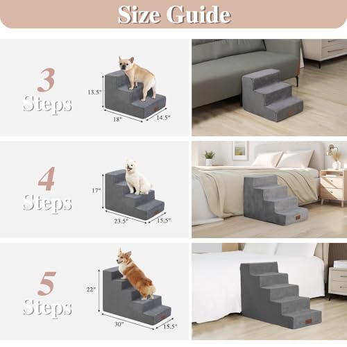 GGIB Dog Stairs for Small Dogs Cats Non-Slip Dog Steps for High Bed Pet Stairs for Sofa Couch Dog Ramp Pet Steps with Removable Washable Cover, Grey, 17\" H, 4-Step
