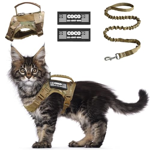 CHRYMPETIC Tactical Cat Harness Escape Proof for Walking with Personalized Patches - Adjustable Cat Harness 8-20lbs Escape Proof - Soft Vest for Large Kitty with Optional Leash (Camo)