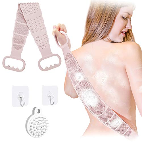 Fordim Silicone Back Scrubber for Shower,Extra Long Double Sided Bath Body Brush for Men and Women, Deep Clean & Exfoliating ，Foams Easily，Bath Towel for Massage(with 2 Hooks and Hair Scalp Brush)…