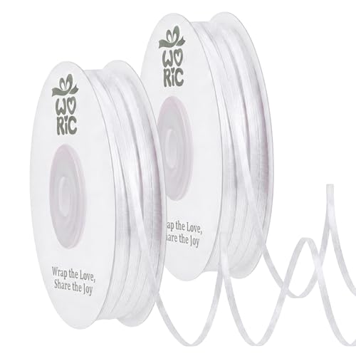 woric Thin White Satin Ribbon 2 Rolls Total 200 Yards 1/8 Inch Double Faced Ribbon for Crafts Cards Gift Tags Wedding Invitation Party Decor