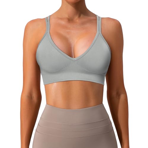 Image of Sports Bra for Women V-Neck Strappy Criss Cross Yoga Bra Padded Medium Support Workout Gym Athletic Fitness Bras 3 Pack