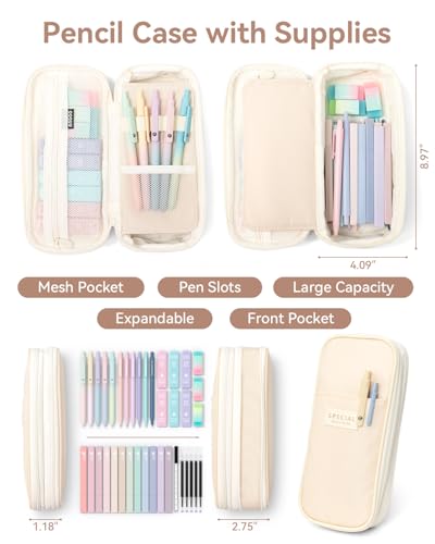 Four Candies 39 PCS Aesthetic School Supplies with Cute Pen Case, 12 Pastel Highlighters, 5 Black Ink Gel Pens, 6 Mechanical Pencils Set for Students Stationary College Essentials (Cream)