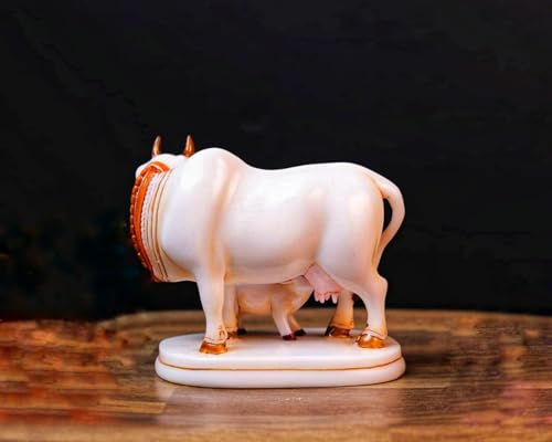 Image of Calf Statue in Marble Dust, 9CM Holy COWW Idol, Showpiece for Home Decor, Handmade Divine COWW, Mother COWW with Baby Calf, kamdhenu Gold 12