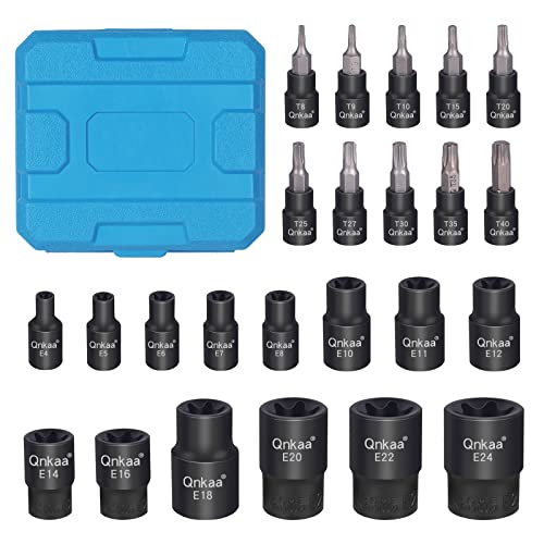 CRV Torx Bit Socket Set - 24PCS: 10pcs Star Socket Bits (T8-T40) & 14pcs Female E-Torx Sockets (E4-E24) 1/4 3/8 1/2 | Enhanced Mini Storage Case