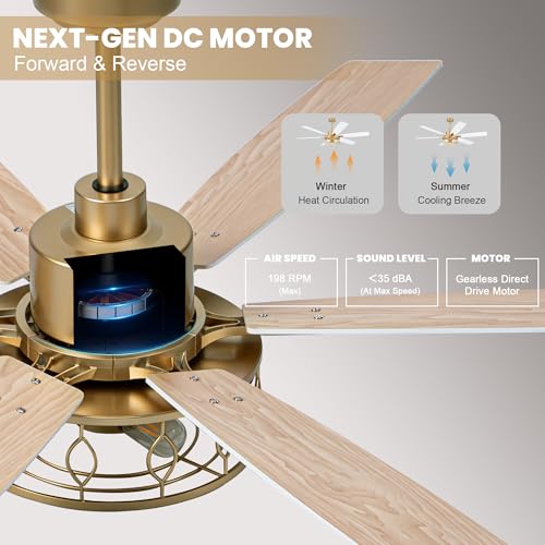 Image of Dawn Whisper 60 Inch Ceiling Fans with Lights White and Gold Farmhouse Ceiling Fan for Bedroom Living Room Quiet and Reversible DC Motor Caged Chandelier Fan