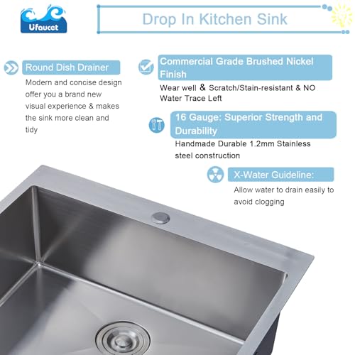 Image of 18 Inch Drop In Bar Sink, 18 x 18 Stainless Steel Single Bowl Top Mount Drop In Bar Wet Prep RV Outdoor Kitchen Sink, 16 Gauge Brushed Nickel