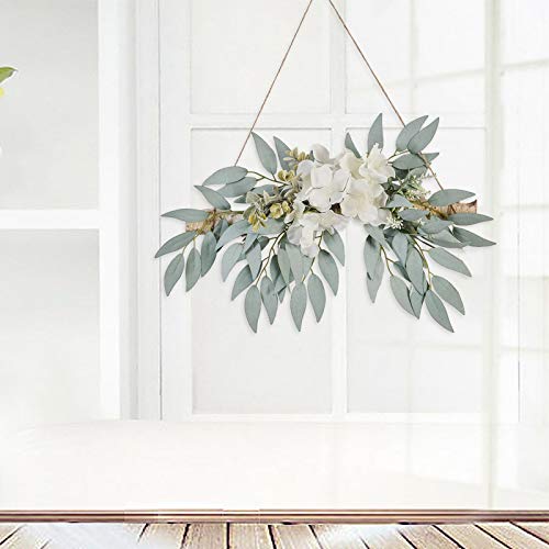 Eesll Artificial Hydrangea Swag,Handmade Floral Swag Garland Wall Decor With White Hydrangea Flowers And Willow Leaves Decorative Log Branch Hanging Hoop For Wall Window Bohemian,11.8 #TOP4