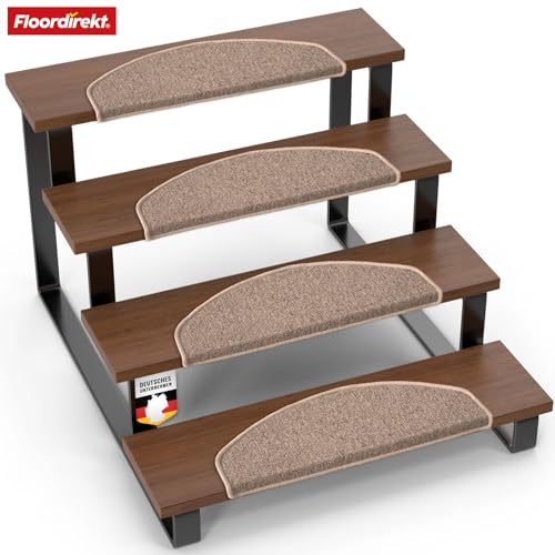 Floordirekt Treppenstufen Matten - London Pro Beige - 1 Stück Stufenmatten Treppenteppich halbrund 25x65 cm