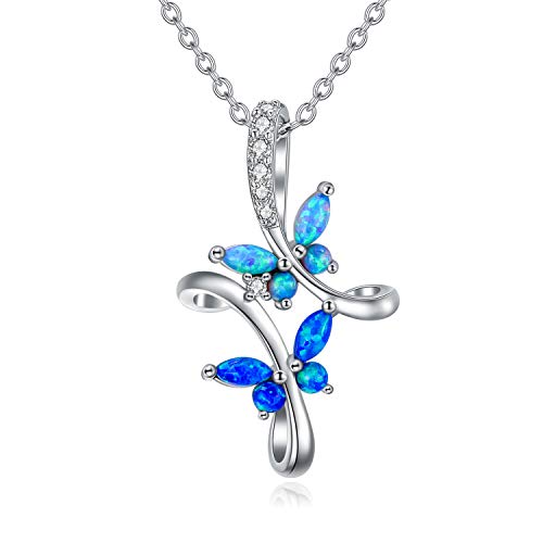 925 Sterling Silver Butterfly Necklace Simulated Blue Opal Love Knot Pendant Necklace for Women