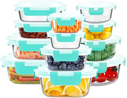 FREYBLI 24-Piece Glass Food Storage Containers with Lids, Glass Meal Prep Containers, Airtight Glass Lunch Bento Boxes, BPA Free & Leak Proof, Microwave, Oven, Freezer and Dishwasher/Green
