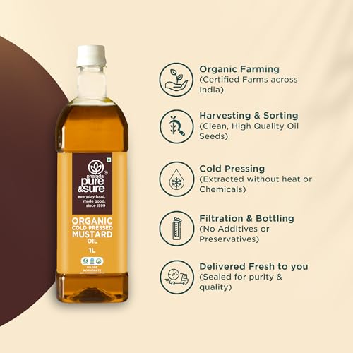 Image of Pure & Sure Organic Cold Pressed Mustard(Kachi Ghani) Oil 2 Litres | Natural Sarso Tel for Cooking, Hair Care & Skin Care|Rich Flavour and Nutrients | (1L X Pack of 2)