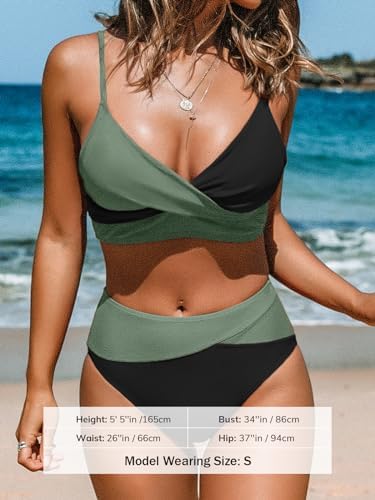CUPSHE Women's Bikini Sets Two Piece Swimsuit High Waisted V Neck Twist Front Adjustable Spaghetti Straps Bathing Suit, Black/Green, Large - 3