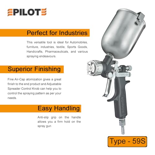Image of PILOT Spray Painting Gun Type- 59S,570ml Capacity,1.6MM Stainless Steel Nozzle And Needle,Suitable For Painting Automobiles,Furniture,Textile,Handicraft,Industries,Pharmaceuticals. |Rim- 10 inches|