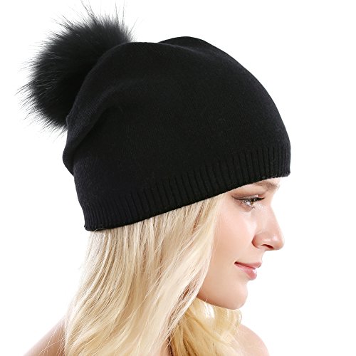 Women Knit Wool Beanie - Winter Fashion Solid Wool Hats Real Removable Raccoon Fur Pom Pom Warm Ski Beanie #TOP2