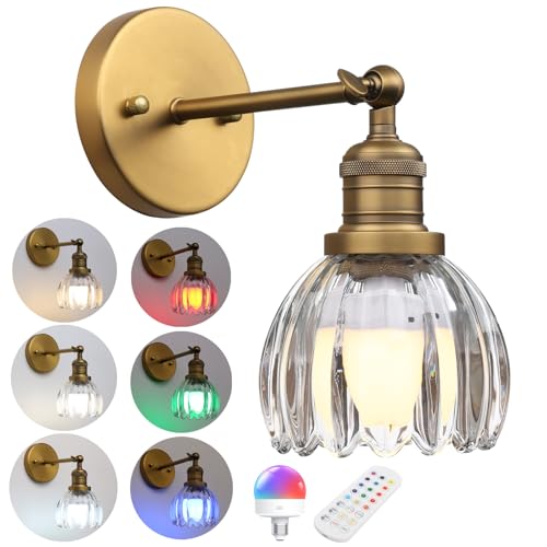 Image of Phansthy Vintage Battery Operated Wall Sconce with Transparent Tulip Glass Lampshade, USB Rechargeable Battery Powered Wall Light with 12 RGB Remote Control for Bedside Bedroom Doorway (Antique)