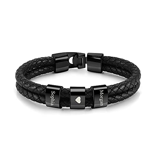 PiercingJak Herren Armband mit Gravur 2-4 Namen Männer Lederarmband geflochten Schwarz Echtleder Wickel Edelstahl Namensperlen ID Armreif Charm Schmuck Personalisierte Geschenke für Mann