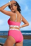 Herseas Women's Textured Bikini Sets Floral Trim Scoop Two Piece Swimsuits High Waisted Moderate Coverage Bathing Suit Trendy 2026 Pink Swimming Pool Outfits X-Small