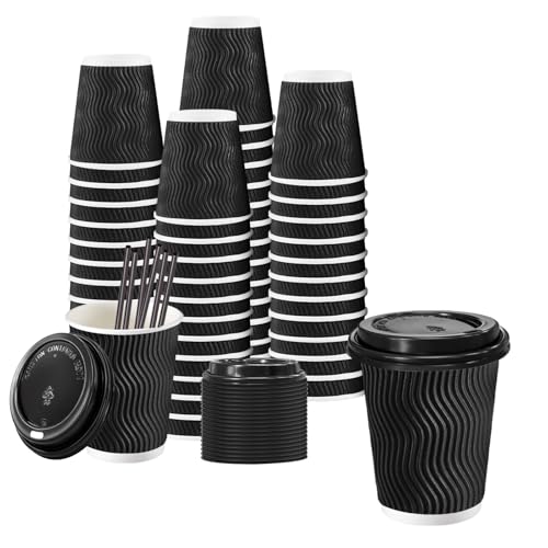 Lamosi 8 oz Disposable Coffee Cups with Lids 50 Pack Insulated Hot Cups To Go Paper Coffee Cups with Lids and Straws Corrugated Ripple Wall Cup for Hot Drink Office Coffee Bar (Black)