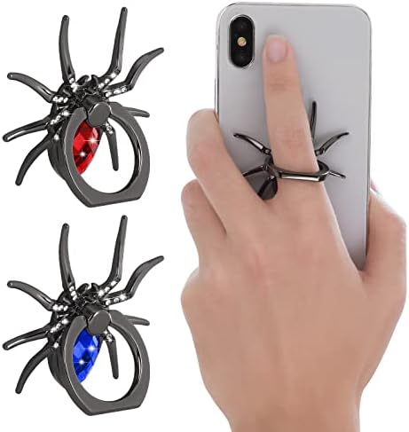 cobee Spider Cell Phone Ring Holders, 2 Pcs Metal Spider Phone Finger Kickstand with Crystal Stone Cool Reptiles Hand Phone Grips with Knob Loop 180°/360° Rotation Phone Ring Stands(Blue+Red)