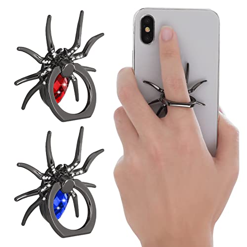 Cobee Spider Cell Phone Ring Holders, 2 Pcs Metal Spider Phone Finger Kickstand With Crystal Stone Cool Reptiles Hand Phone Grips With Knob Loop 180°/360° Rotation Phone Ring Stands(Blue+Red) #TOP22