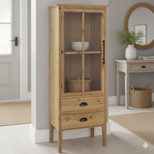 ROCKING GIFTS Vitrina de Madera Marrón con Puerta de Cristal y 2 Cajones, 138x48x37cm, Mueble Decorativo Expositor Rústico - imagen 2