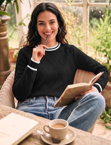 LOMON Women's Sweaters Cable Knit Sweater Long Sleeve Tops, Black Stripe L - image 5