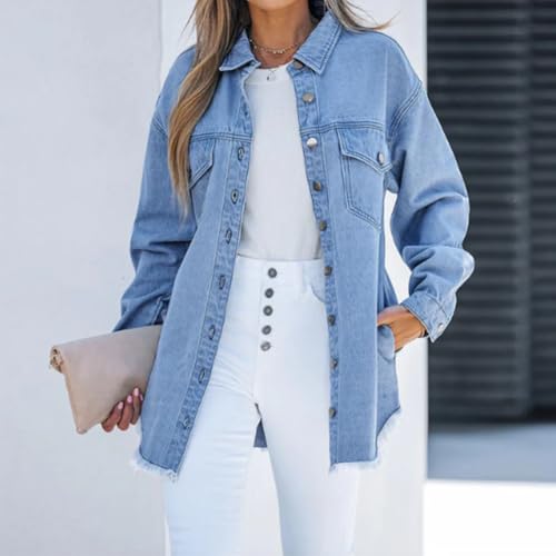 RJDJ Women's Casual Denim Button Down Distressed Jacket, New Washed Denim Shirt Jacket for Women 2025, Fall Denim Jackets2