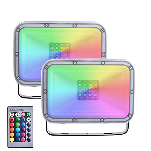 2 Pack 20W Foco Led RGB Con función de memoria, 16 colores y 4 modos Proyector LED Exteriore con control remoto,Impermeable IP67 Regulable Luz de seguridad para Jardín,Terraza, Partido,Navidad