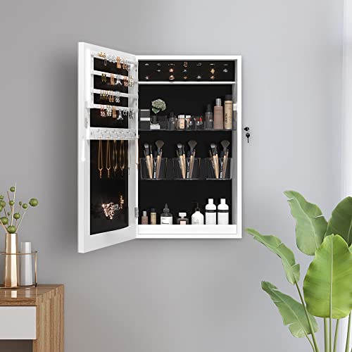 Fredees Wall Mounted Jewelry Organizer,Lockable Jewelry Cabinet,Jewelry Armoire,Jewelry Mirror Cabinet, Mirror With Jewelry Storage, Gift For Her,Space Saving,White #TOP1