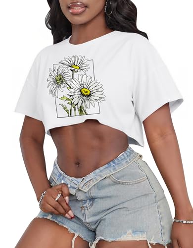 Image of Crop Tops for Women Oversized Short Sleeve T Shirts Crew Neck Cropped Tees