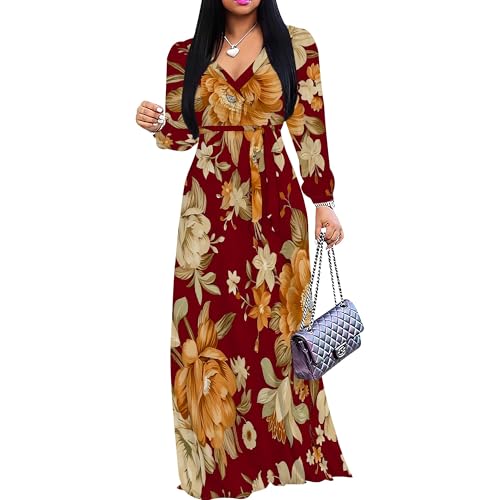 Image of Women Plus Size Long Sleeve V Neck Maxi Dress with Belt | Soft fabric relaxed fit three quarter sleeve v neck with pockets for party and daily wear