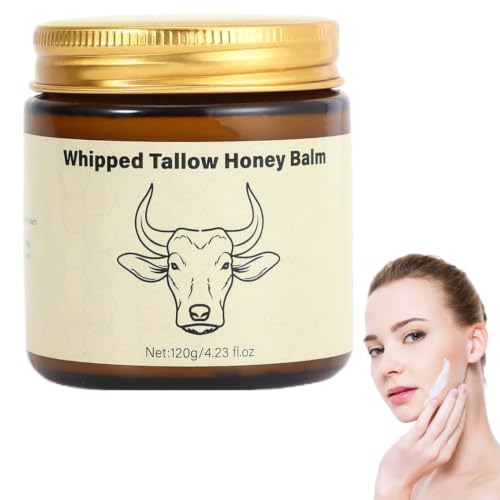 Sebo de res para la piel, 120 ml de humectante batido orgánico alimentado con pasto con bálsamo de miel, crema facial hidratante natural para pieles secas y sensibles, 4.23 oz