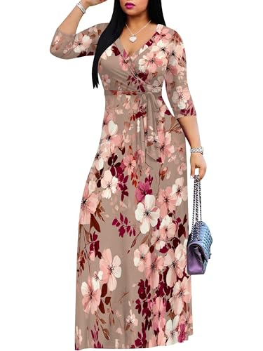 Image of Plus Size Dresses for Women Floral Print Maxi Dress Flowy 3 /4 Sleeve with Belt