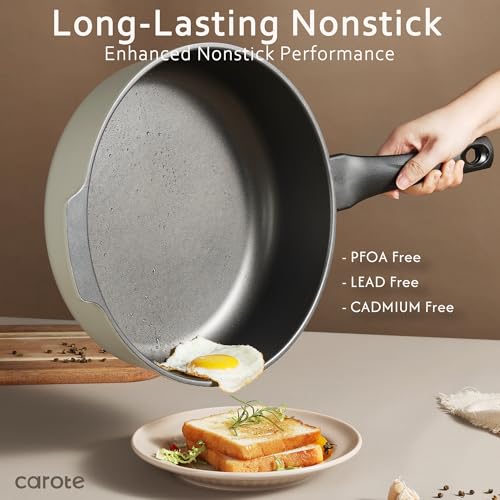 CAROTE 12 Inch Frying Pan with Lid Non Stick Frying Pans Large Saute Pan Non-Toxic Skillets Compatible with All Stovetops