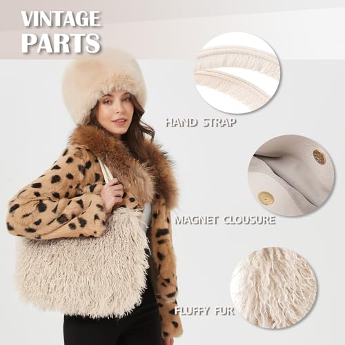 Image of Women's Fuzzy Tote Bag Curly Handbag Furry Shoulder Bag Large Plush Top Handle Purses Winter