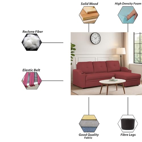 Image of Casaliving Ravonna RHS 4 Seater L Shape Corner Sofa Cum Bed for Living Room (Maroon Fabric) Premium Fabric Sofa