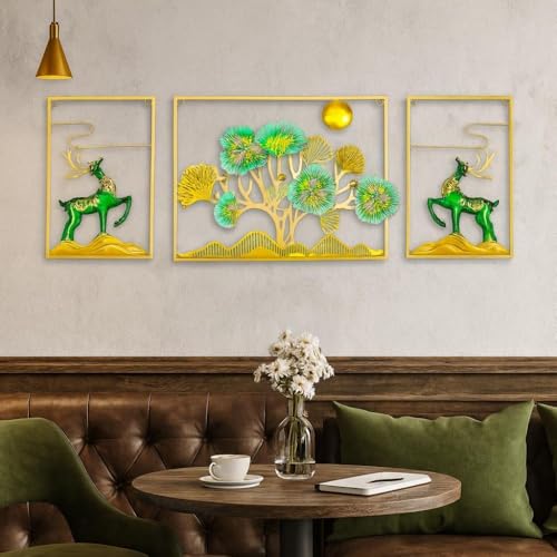 Image of SHREE 'O' GREEN TECH - Handcrafted Metal Set Of 3 Golden Deer Wall Art Leaf Frame Showpiece Multicolor Decor for Home, Living Room, Drawing Room & Bedroom Decor