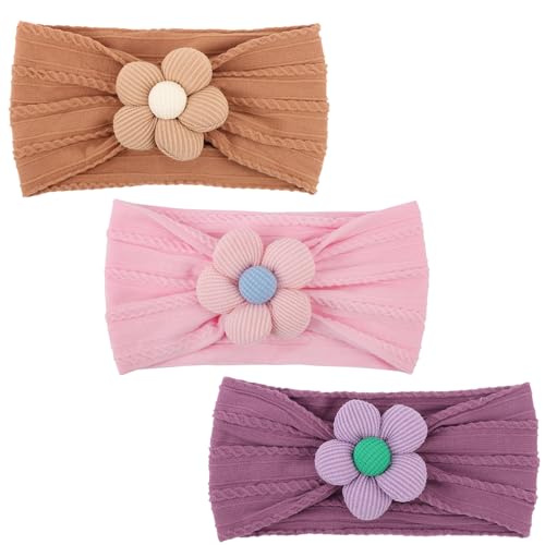 Image of DRESHOW BQUBO Baby Flower Headbands Baby Girls Nylon Headbands Stretchy Hairbands Handmade Hair Accessories for Newborn Infant Toddlers Kids Baby Essentials 3 Pcs