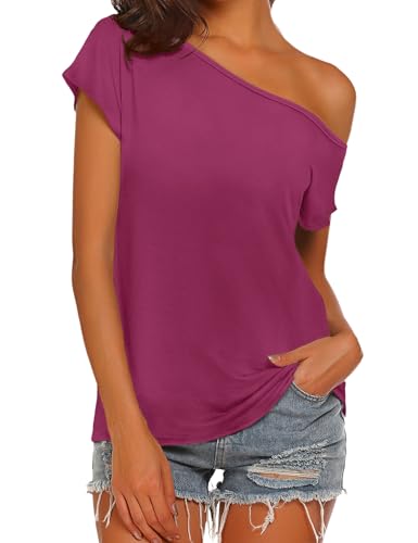 Halife Women's Off The Shoulder Tops Casual Stylish Outfits Short Sleeve Summer Tops Trendy Yoga Workout Tees Redpurple 2XL Fuchsia
