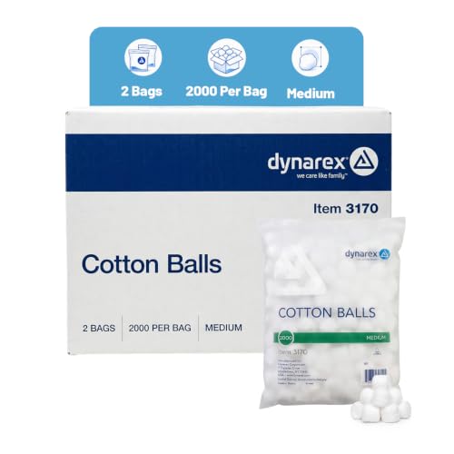 Dynarex Cotton Balls, Non-Sterile and Medium, Latex-Free and Absorbent, For Skin Cleansing, Crafts, & as Makeup Remover, Ships as 2 Bags of 2000 Cotton Balls Each, 1 Case of 4000 Dynarex Cotton Balls
