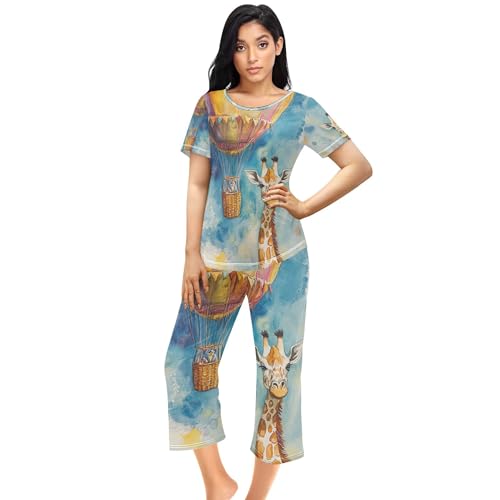 YYZZH Watercolor Painting Giraffe Hot Air Balloon Womens Capri Pajama Set Short Sleeve Shirt Capri Pants Sleepwear Sets Multicolor