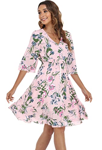 Image of VintageClothing Women's Floral Sundresses Flowy Boho Summer Beach Dress | Lightweight Breathable material,Elegant V Neck and Button Front Design,Flared Bell Sleeve Cut,Mini Casual dress