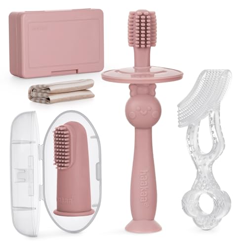 Image of haakaa Training Toothbrush Set Oral Care Kit, Soft Silicone Toothbrush for Baby, Infants, Toddlers & Kids, Blush
