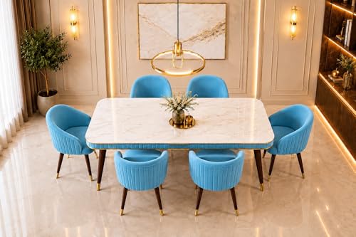 Image of WOODEN SPACE 6-Seater Wooden Dining Table Set | Nano Composite Marble Top | Solid Wood Base | Modern Dining Room Furniture with 6 Chairs (Sky Blue)