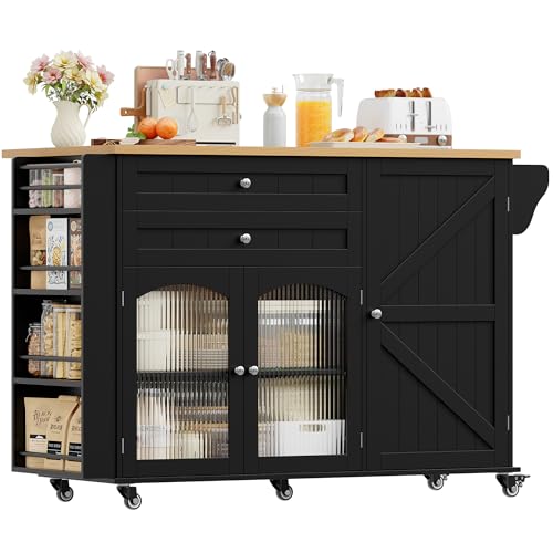 FirFurd Kücheninsel mit klappbarer Arbeitsplatte Küchenschrank mit Rollen Küchenwagen mit 2 Schubladen und 3 Türen Buffetschrank für Küche Wohnzimmer Küchenbuffet mit Regal 132x97,5x60 cm schwarz