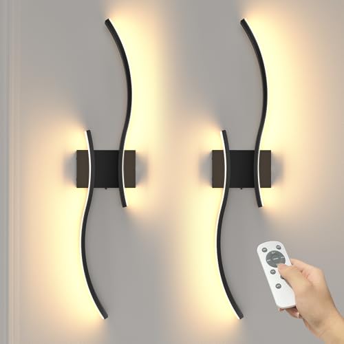 Image of NIORSUN 27.6 Inch Battery Operated Wall Sconce Set of 2, Black Modern Rechargeable Wall Lights with Remote, 3CCT Dimmable Wireless Wall Lamp for Living Room Bedroom Hallway