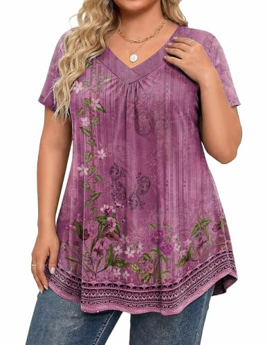 IN'VOLAND Plus Size Tops for Women Summer Short Sleeve Blouses Beach V Neck Loose Fit Shirts Vacation Outfit